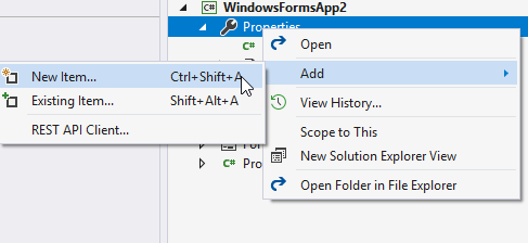 Context menu for Properties